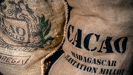 Zwei Jutesäcke mit Aufschrift Kakao stehen nebeneinander.