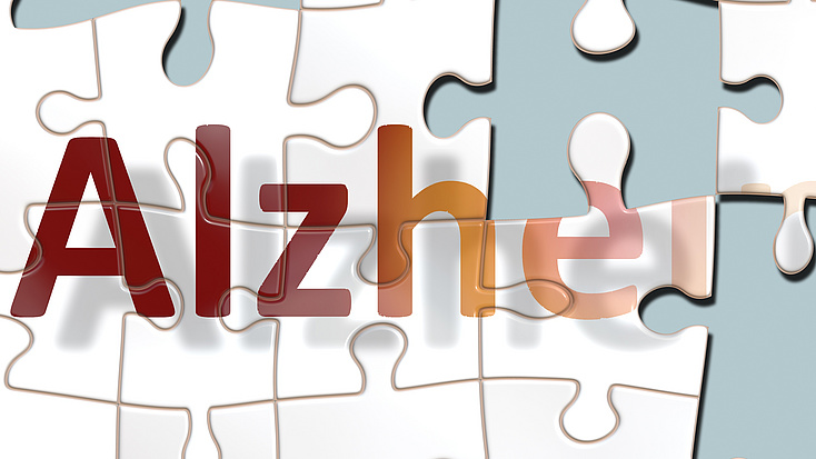 Das Symbolbild zeigt ein Puzzle mit der farbigen Aufschrift Alzheimer bei dem einige Puzzleteile fehlen