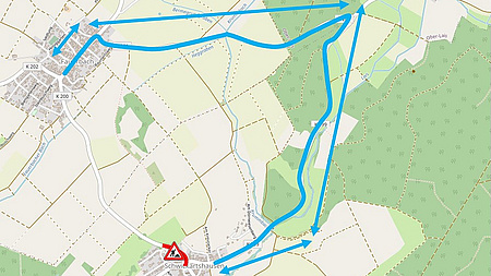 Auf einer Landkarte ist eine Verkehrsumleitung ausgeschildert.