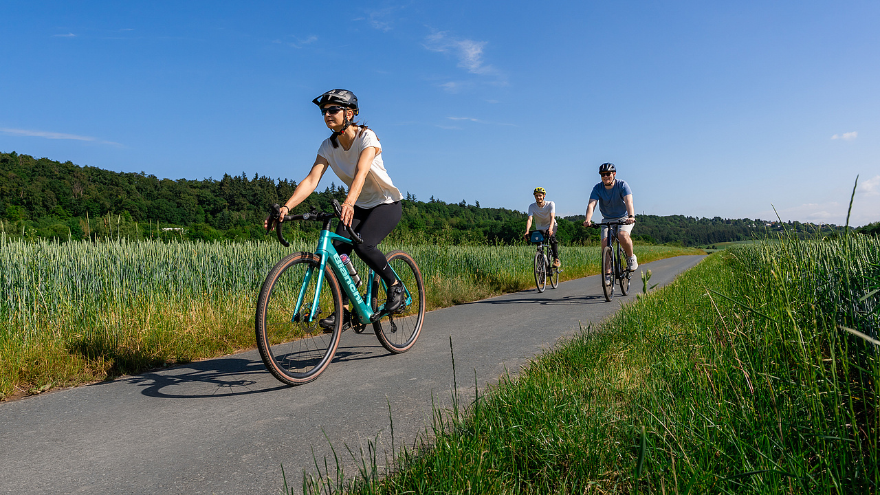 Ratfahrende auf einem Radweg zwischen Feldern