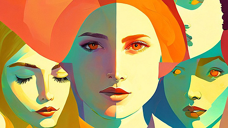 Gesichter der Frauen in den Farben Orange, Rot, Gelb und  Grün