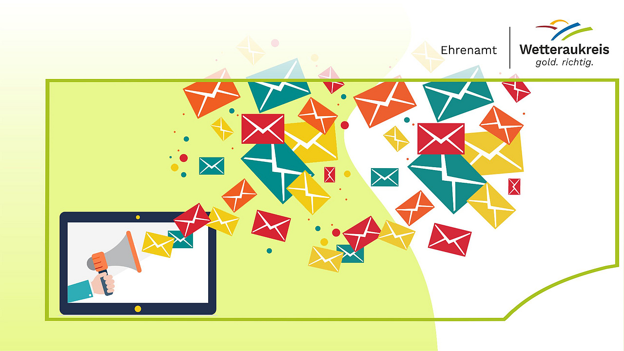 Montage: Bunter Briefumschläge fliegen aus einem Monitor