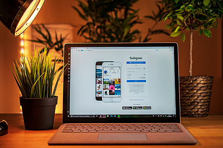 Ein Laptop, der auf einem Tisch steht. Auf dem Bildschirm ist die Startseite von Instagram zu sehen. Daneben und im Hintergrund Grünpflanzen.