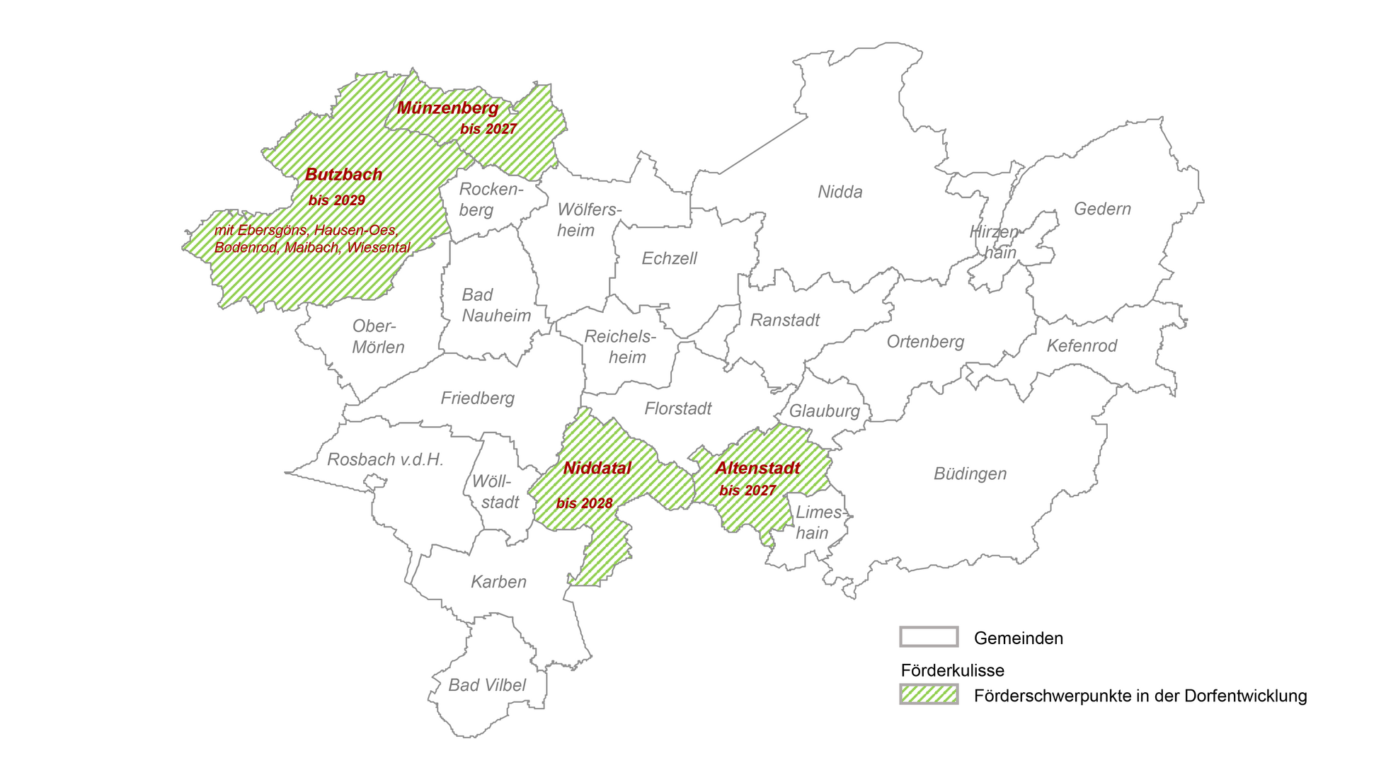 Karte des Wetteraukreises, eingezeichnet sind die Förderschwerpunkte Altenstadt, Butzbach, Münzenberg, Niddatal