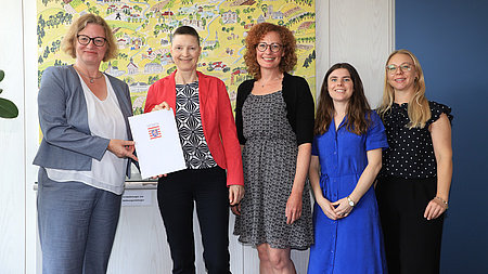 Fünf Frauen stehen in einem Raum vor einem Gemälde. Zwei Frauen der Gruppe halten gemeinsam eine Dokumentenmappe in Händen.