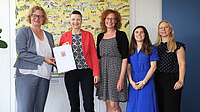 Fünf Frauen stehen in einem Raum vor einem Gemälde. Zwei Frauen der Gruppe halten gemeinsam eine Dokumentenmappe in Händen.