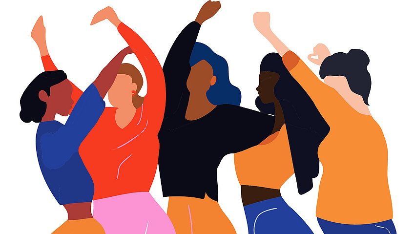 Eine Grafik zeigt bunt gezeichnete Frauen, die tanzen.