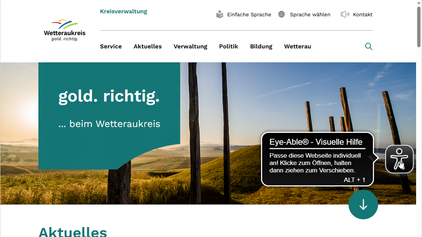 Eine Ansicht der Homepage mit dem "Eye-Able"-Symbol.