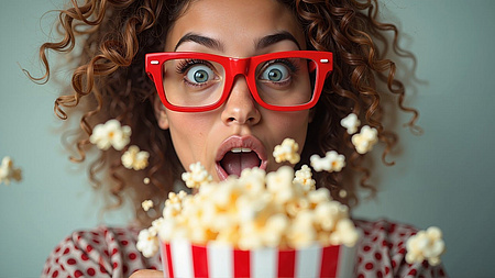 Eine Frau mit roter Brille und springendem Popkorn vor dem Gesucht