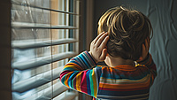 Ein Kind steht vor einem Fenster und hält sich die Ohren zu.