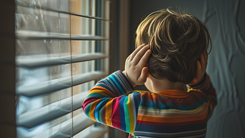 Ein Kind steht vor einem Fenster und hält sich die Ohren zu.