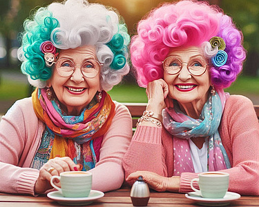 Erstellt mit künstlicher Intelligenz. Zwei Omas mit bunt gelockten Haaren