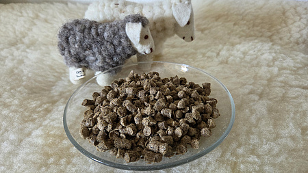 Pellets aus Wolle in einer Glasschüssel.