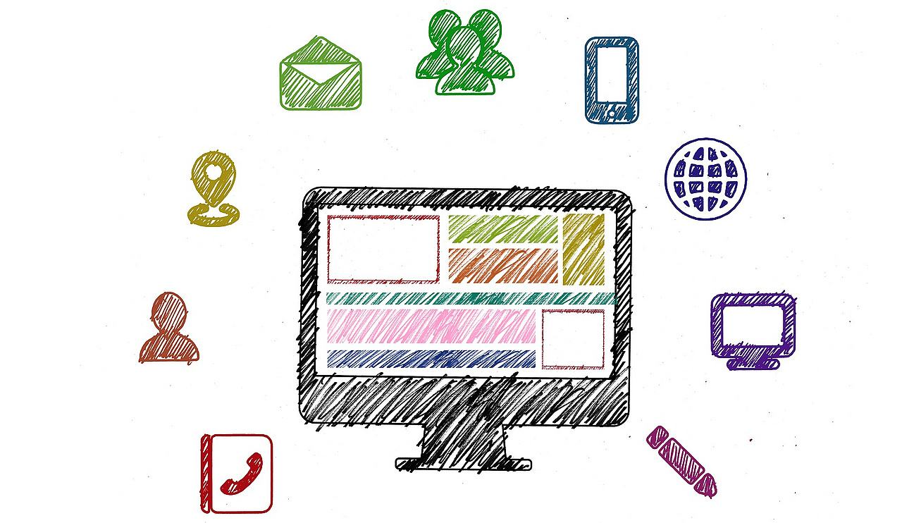 Grafik eines PC-Bildschirms mit mehreren Social-Media Icons drumherum