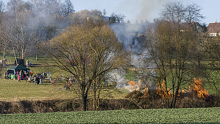 Eine Wiese mit Bäumen. Auf ihr betrachten Leute ein Feuer.