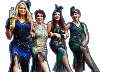 4 Frauen in 20er Jahre Kostümen tanzen