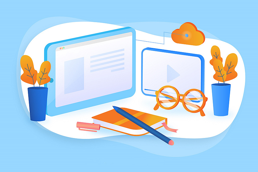 Symbolbild. Bild: pikisuperstar / Freepik. Grafik mit blauem Hintergrund. Verschiedene Utensilien für den Unterricht sind zu sehen.