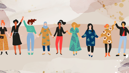 bunt gezeichnete Frauen in einer Reihe halten sich an den Händen