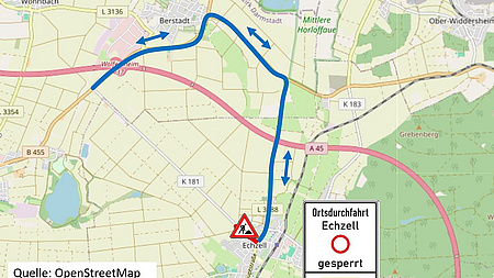Auf einer Karte des Gebiets um den Ort Echzell sind mehrere Straßen blau markiert, die als Umwege für ein gesperrtes Straßenstück dienen.