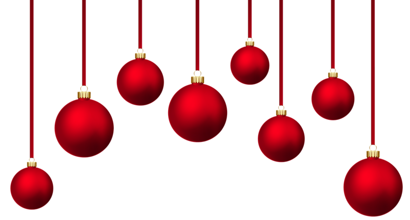 Rote Weihnachtskugeln an verschieden langen Bändern