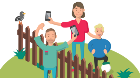 Zu sehen ist eine bunte Grafik. Drei gezeichnete Menschen stehen an einem Gartenzaun. Sie halten Handys in der Hand und lächeln.