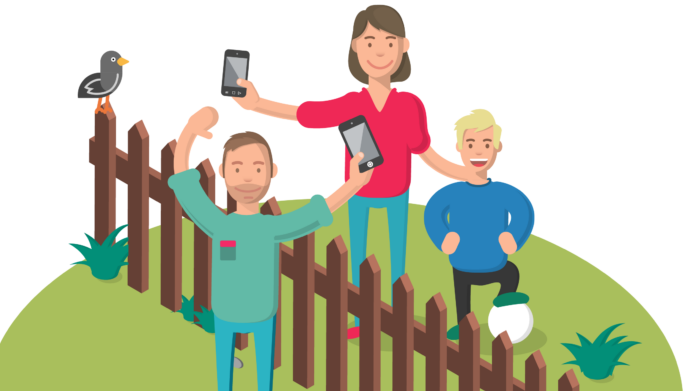 Eine Grafik zeigt zwei bunt gekleidete Männer und eine Frau mit Handys in der Hand.