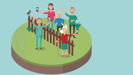 Menschen mit Smartphones am Gartenzaun