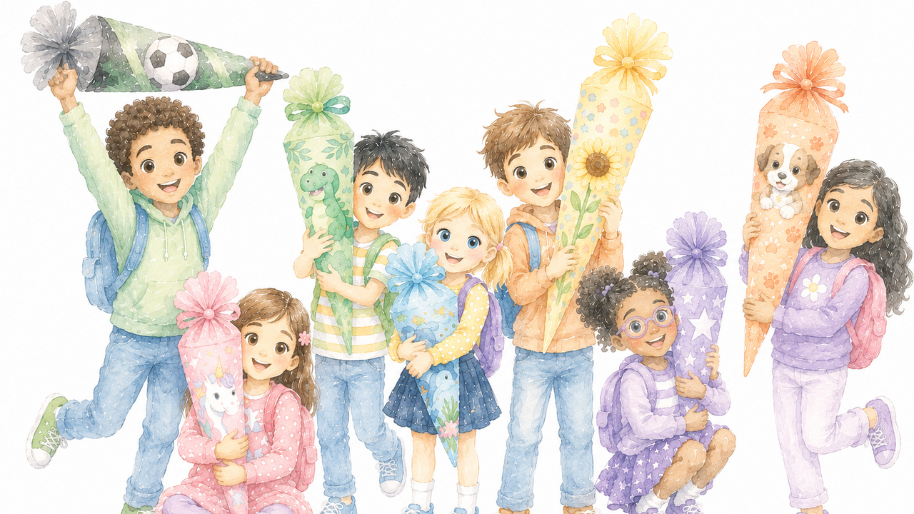 Eine Zeichnung von Kindern mit Schultüten