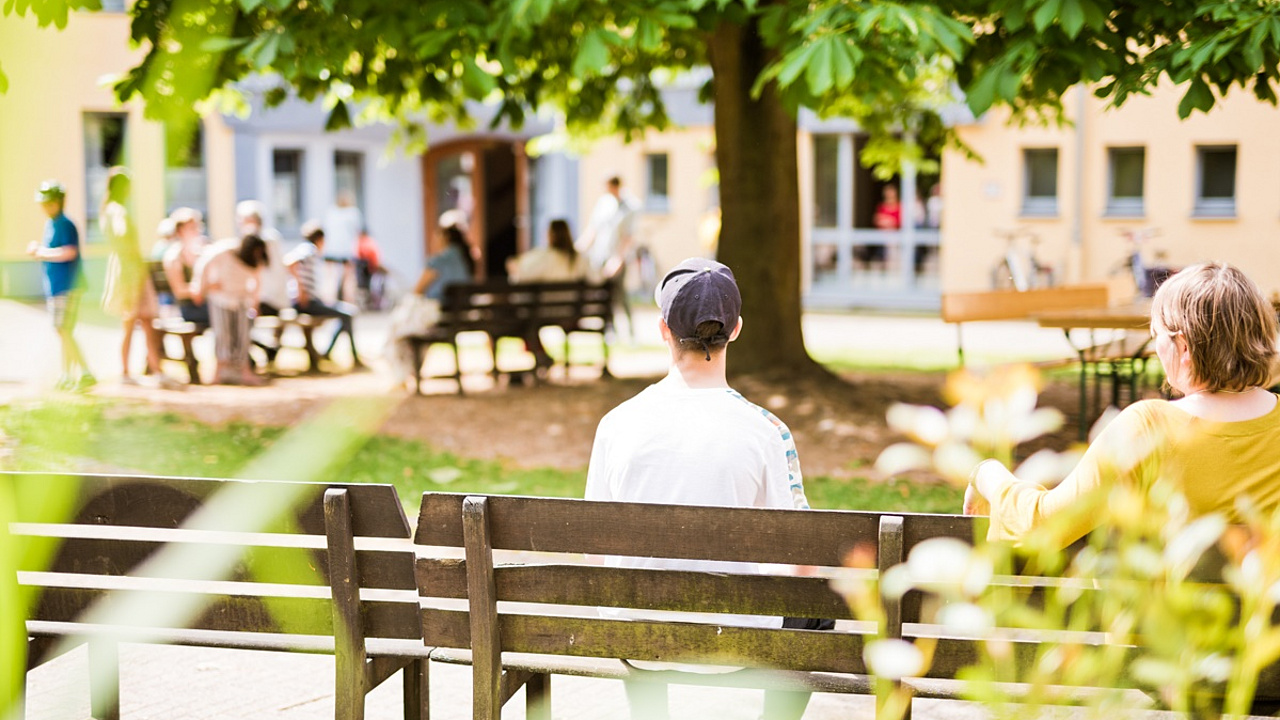 Gemeinsam im Schlosshof sitzen Menschen auf den Bänken oder gehen zu Fuß zu ihren nächsten Zielen. Zentral im Hof ist ein großer Baum, der Schatten spendet. 