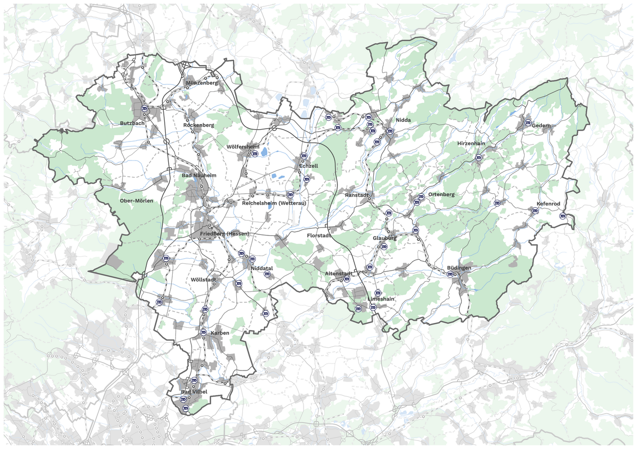 Karte des Wetteraukreises mit eingezeichneten Mobilitätsstationen